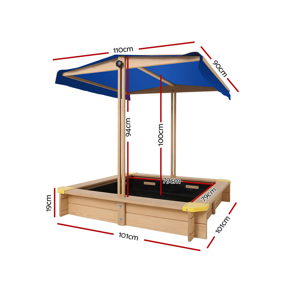 Sandpit Wooden Sandbox Sand Pit with Canopy Bench Seat Toys 101cm