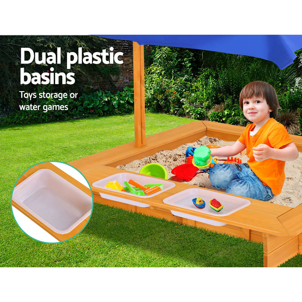 Sandpit Wooden Sandbox Sand Pit with Canopy Water Basin Toys 103cm