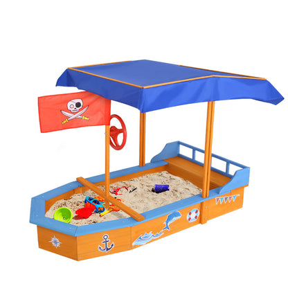 Sandpit Wooden Boat Sand Pit with Canopy Bench Seat Beach Toys 150cm