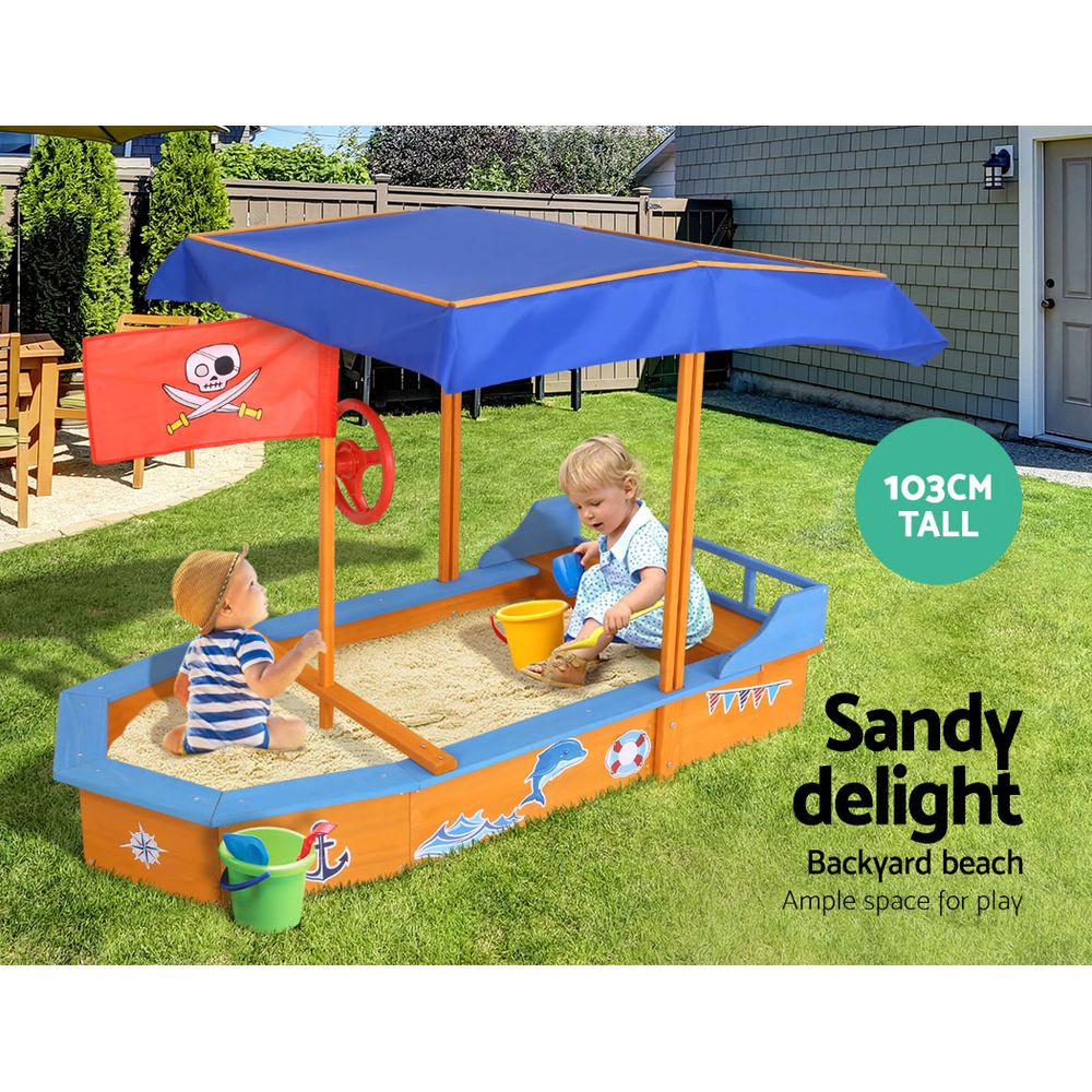 Sandpit Wooden Boat Sand Pit with Canopy Bench Seat Beach Toys 150cm