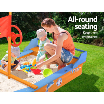 Sandpit Wooden Boat Sand Pit with Canopy Bench Seat Beach Toys 150cm