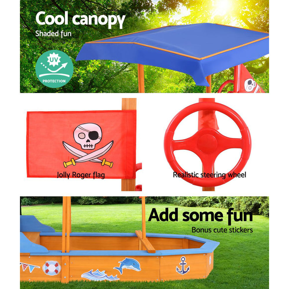 Sandpit Wooden Boat Sand Pit with Canopy Bench Seat Beach Toys 150cm