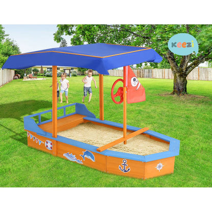 Sandpit Wooden Boat Sand Pit with Canopy Bench Seat Beach Toys 150cm