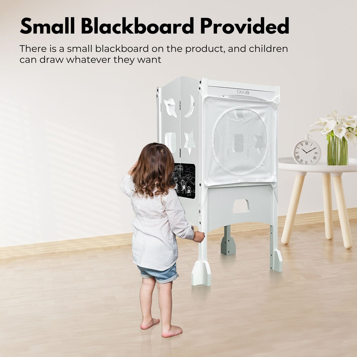 Folding Kitchen Kids Step Stool with Chalkboard- Saturn, Moon, Square and Star Shape Design (White)