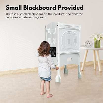 Folding Kitchen Kids Step Stool with Chalkboard- Saturn, Moon, Square and Star Shape Design (White)