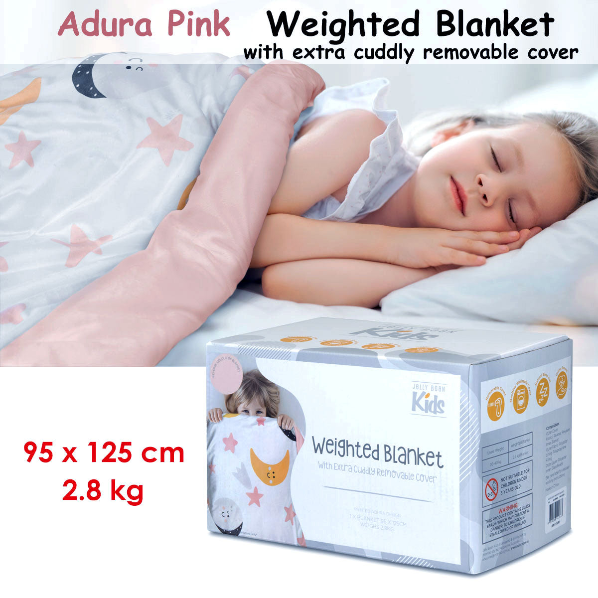 Adura Pink Kids Weighted Blanket with Extra Cuddly Removable Cover 2.8kg - Lil Learners