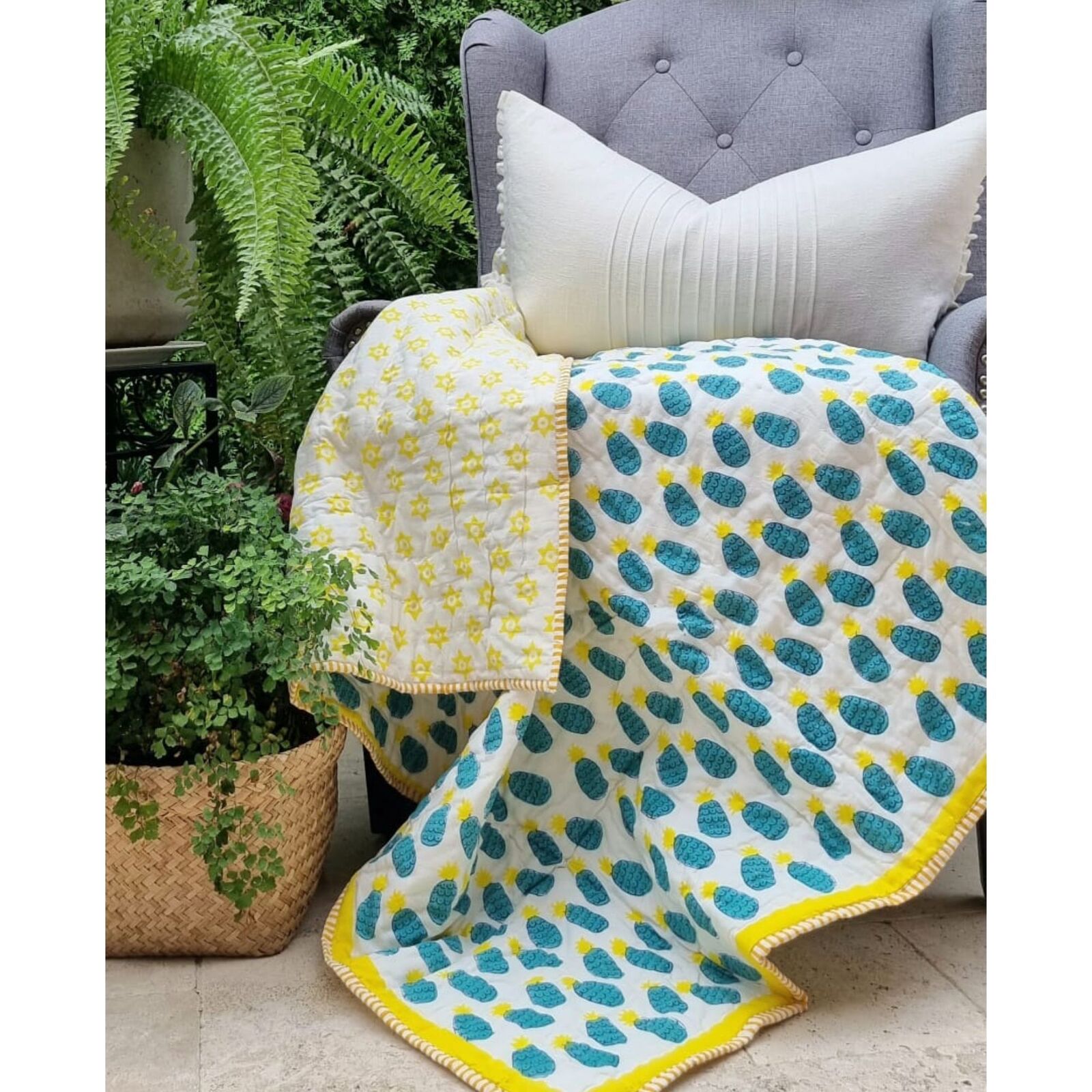 GOTS Certified Organic Cotton Reversible Baby Quilt (100x120cm) - Blue Pineapple - Lil Learners