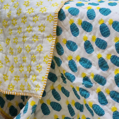 GOTS Certified Organic Cotton Reversible Baby Quilt (100x120cm) - Blue Pineapple - Lil Learners